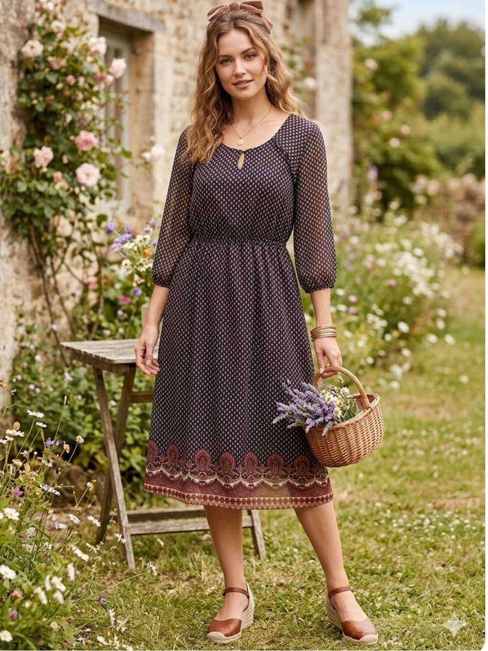 Mimi & Daphne Midi Dress XL Cottagecore Polka Dot Lightweight Vintage-Inspired